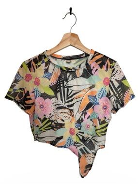 Old Navy Floral Mesh Asymmetrical Hem Top Size M Y2K Tropical Sheer